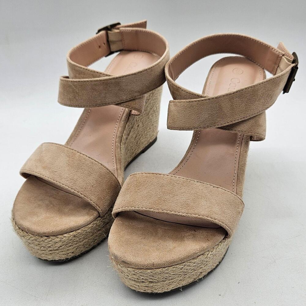 Coutgo Sandals Womens Size 9 Beige Platform Espadrille Wedge Ankle Strap Heels